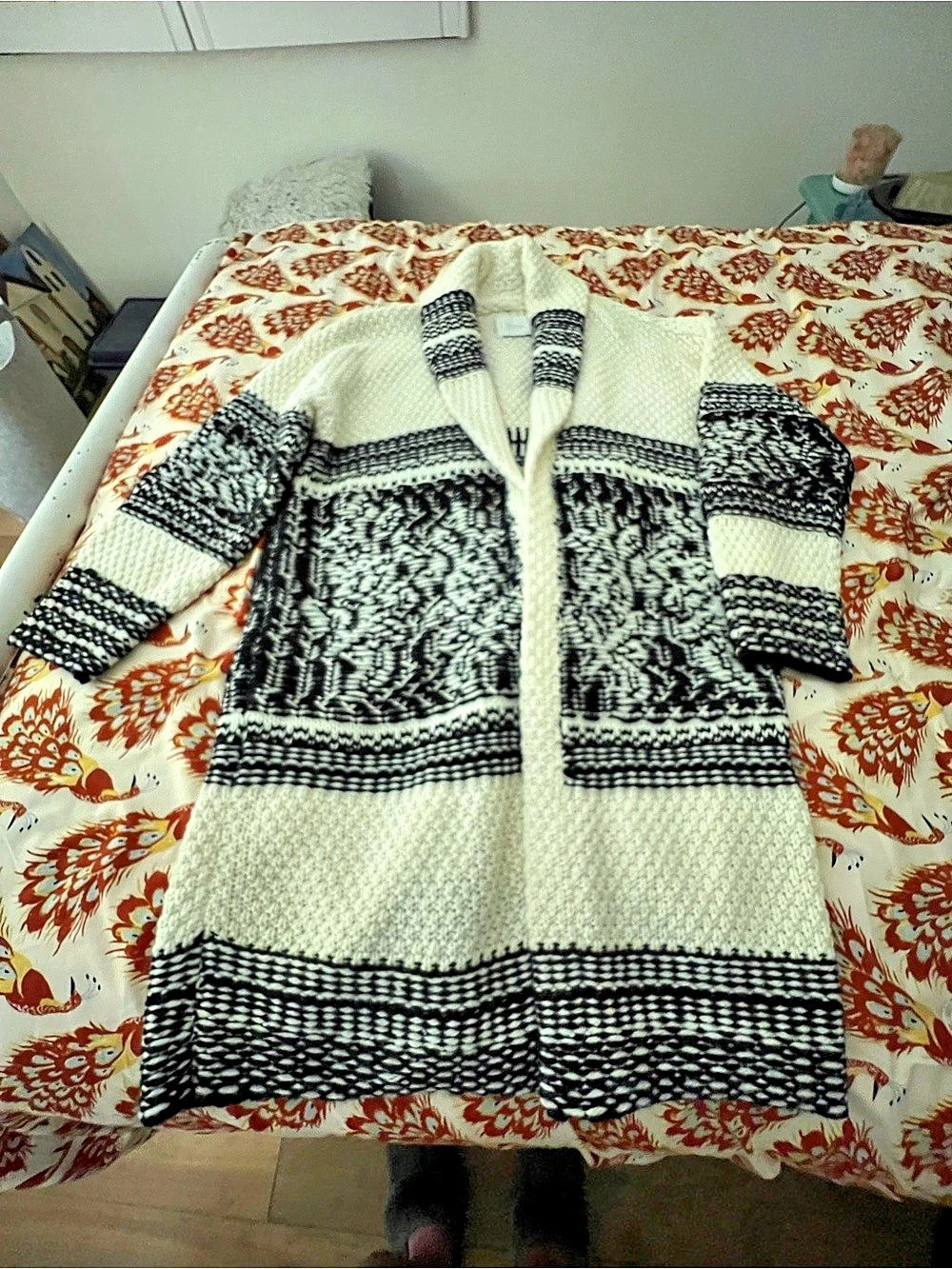 Lucky Brand Chunky Knit Long Cardigan Black Cream Size Large - Picture 2 of 12